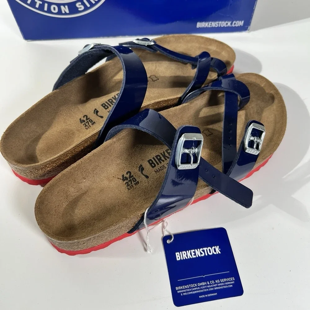 Birkenstock Women’s Navy Patent Rio Sandals with Red Sole